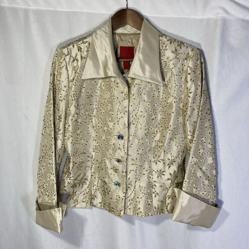 JS COLLECTIONS light gold floral embroidery seed beads satin button up jacket 10